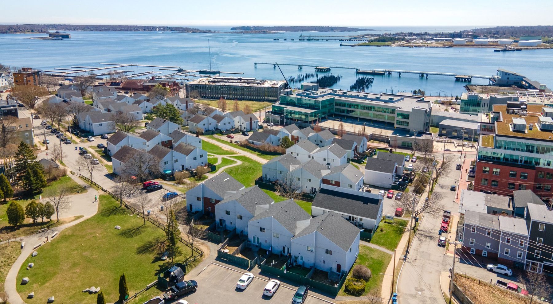 Aerial view of a residential townhome community on the Portland, Maine waterfront